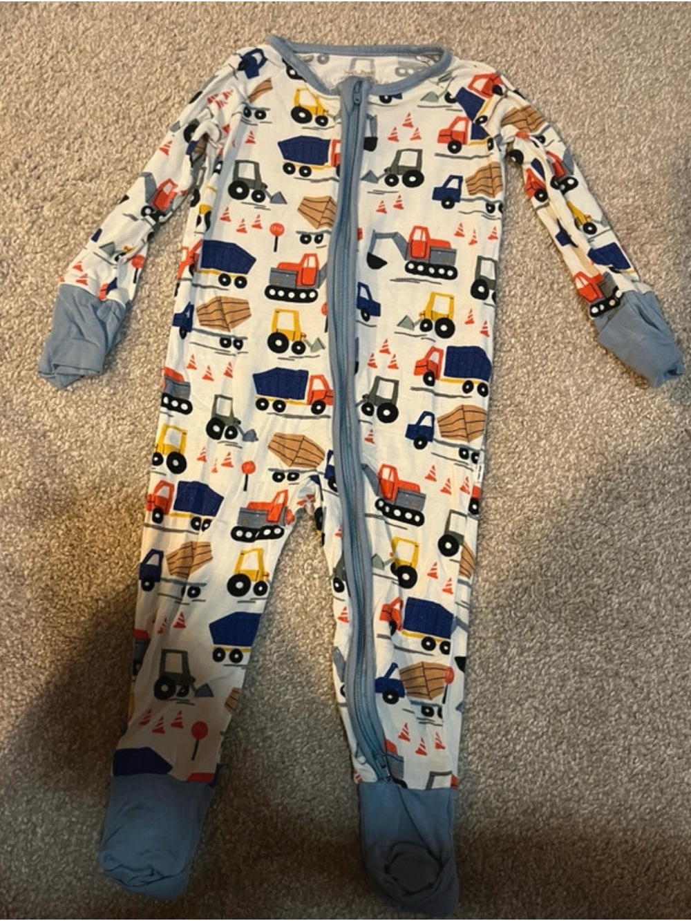 Little Sleepies White Footed Pajamas with Blue, Red, Yellow Construction Trucks